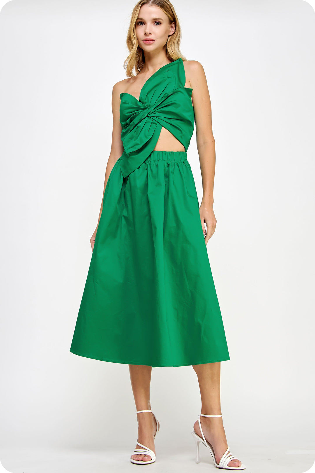 Knotted Flower Bow Midi Dress in Emerald