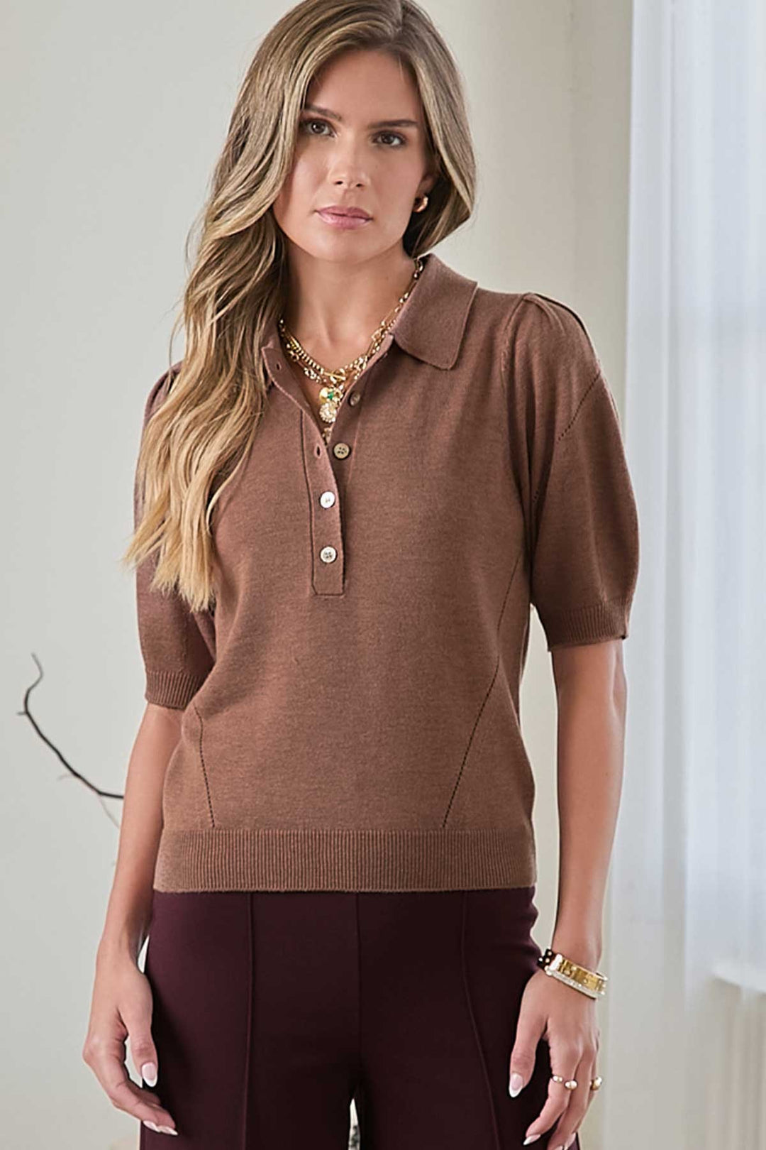 Short Sleeve Knit Polo Top in Brown