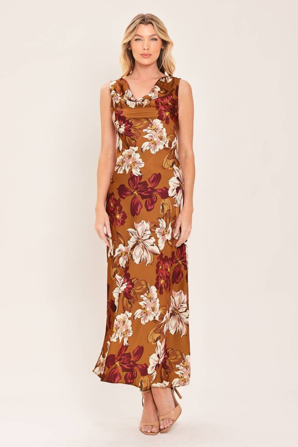 SPICED FLORAL WOVEN MIDI DRESS l FLYING TOMATO CARAMEL / M