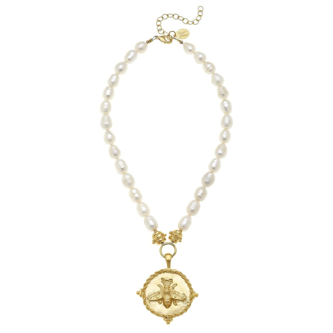 Susan Shaw Large Bee Intaglio Pearl Necklace
