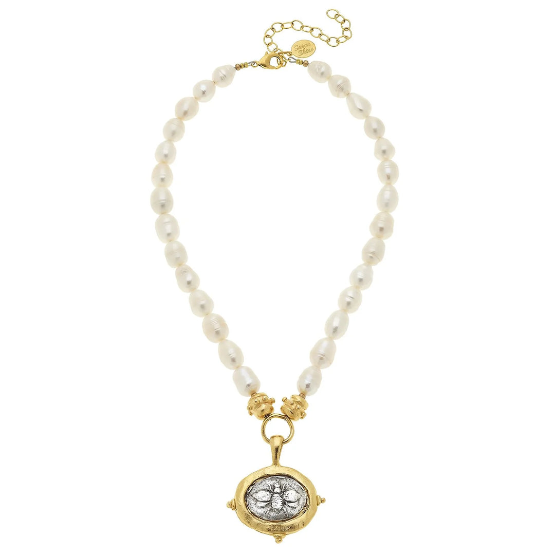 Susan Shaw Mixed Metal Bee Intaglio Pearl Necklace