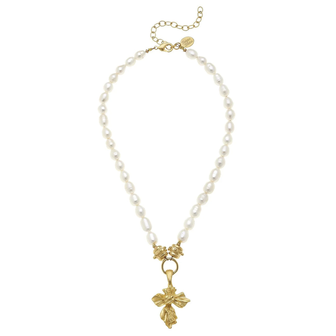 Susan Shaw Vintage Gold Cross Pearl Necklace