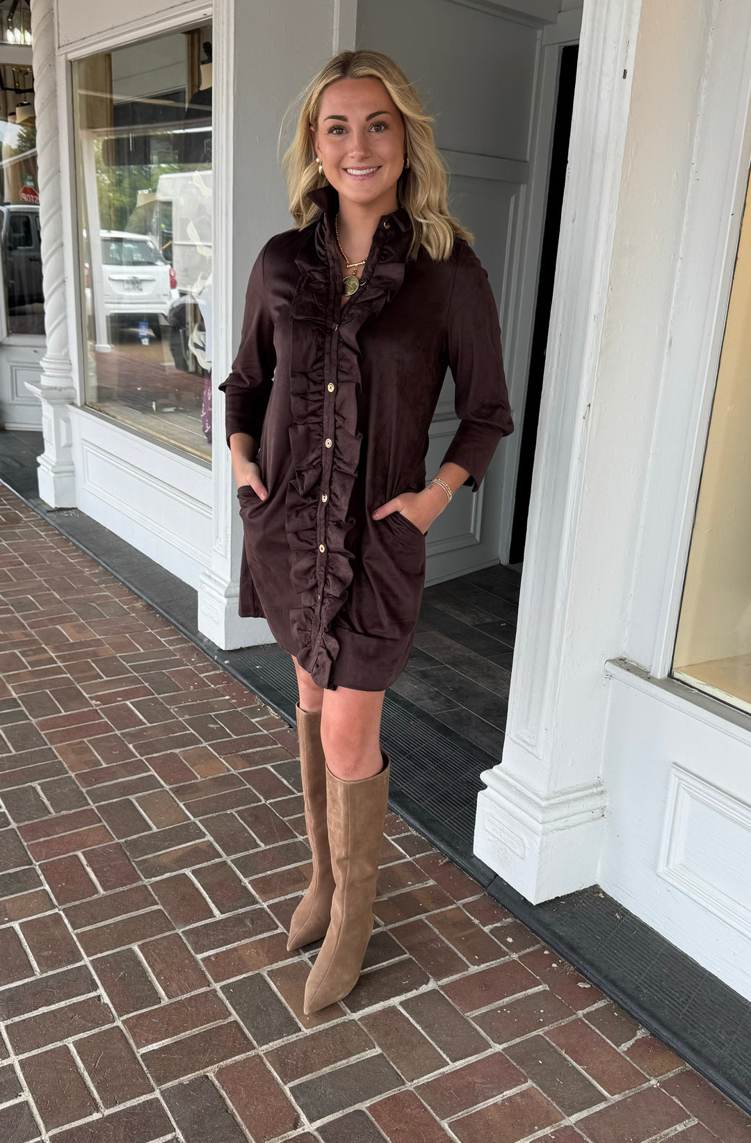 Gretchen Scott Ruffle Rumble Dress in Brown