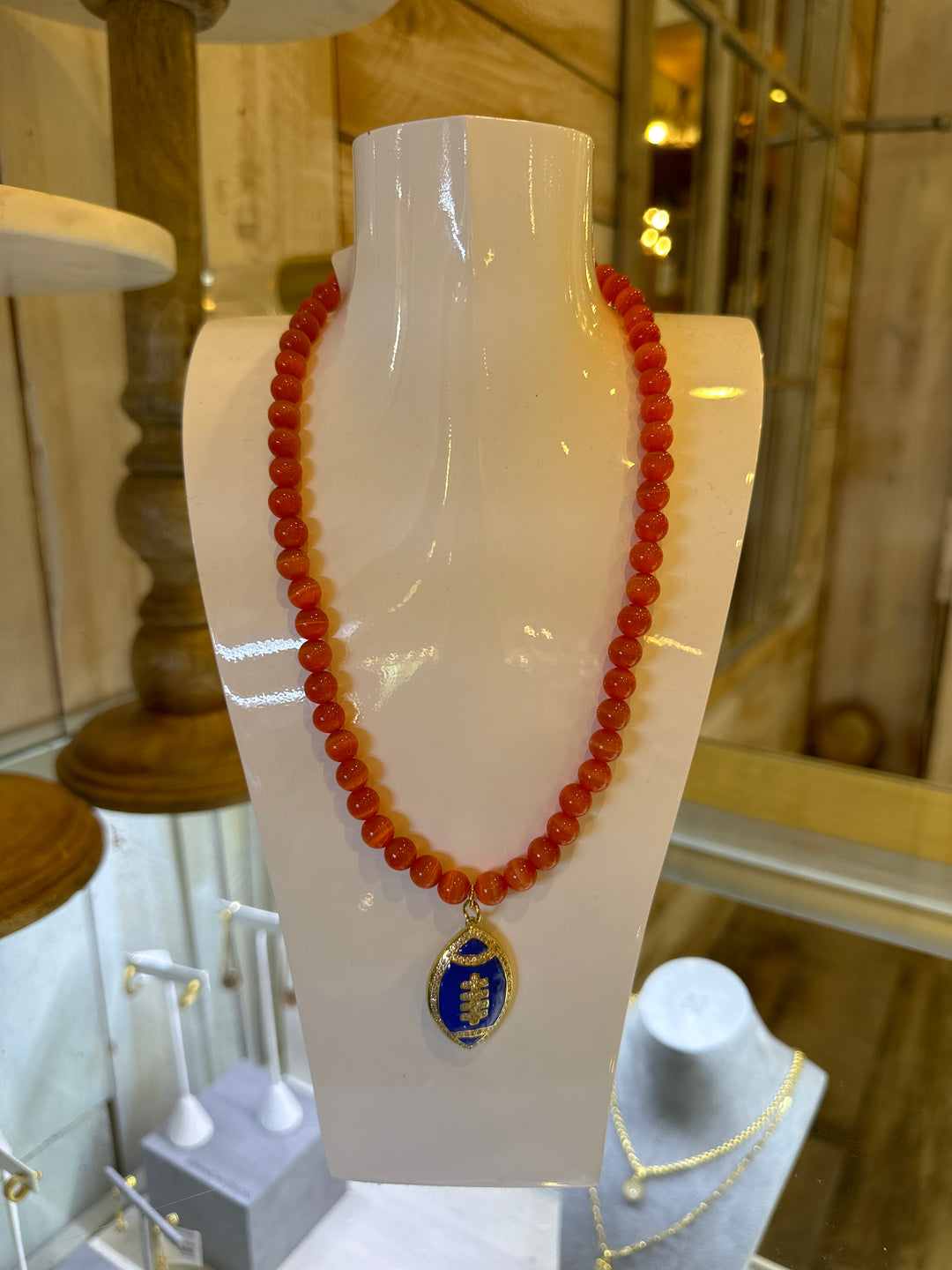 18" Football on 8mm Gemstone Necklace in Orange/Royal Blue