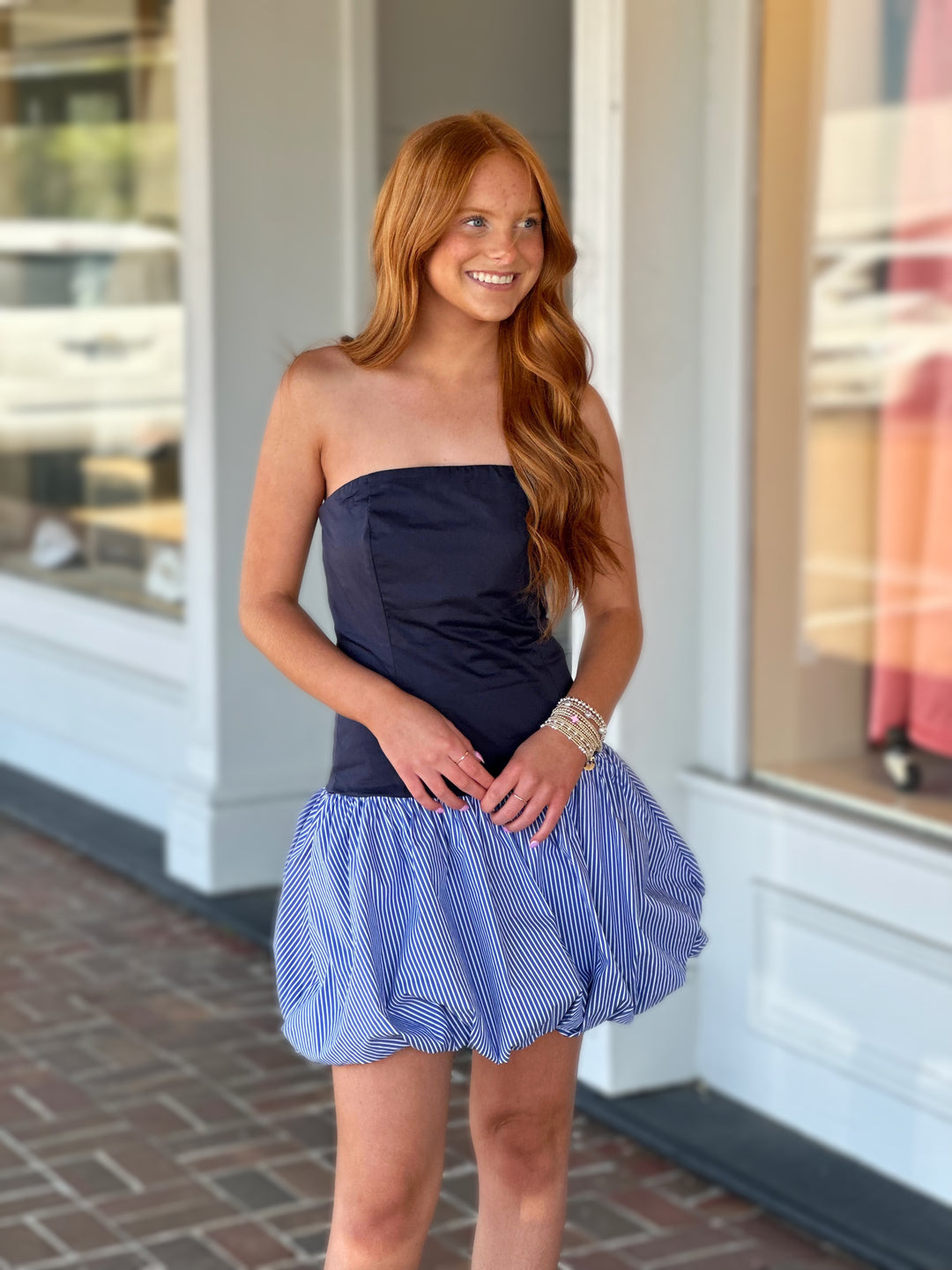 Preppy Siren Blue Skirt Strapless Mini Dress