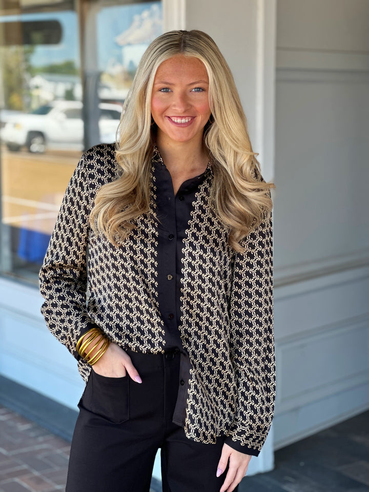 Liverpool Los Angeles Long Sleeve Button Front Woven Shirt in Black Gold Combo