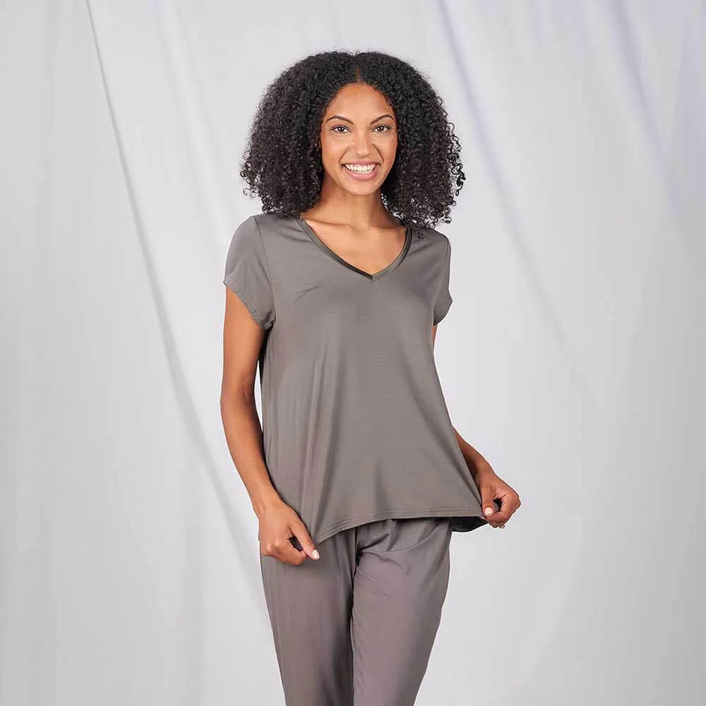Faceplant Dreams Bamboo® V-Neck Pajama Tee in Earl Grey