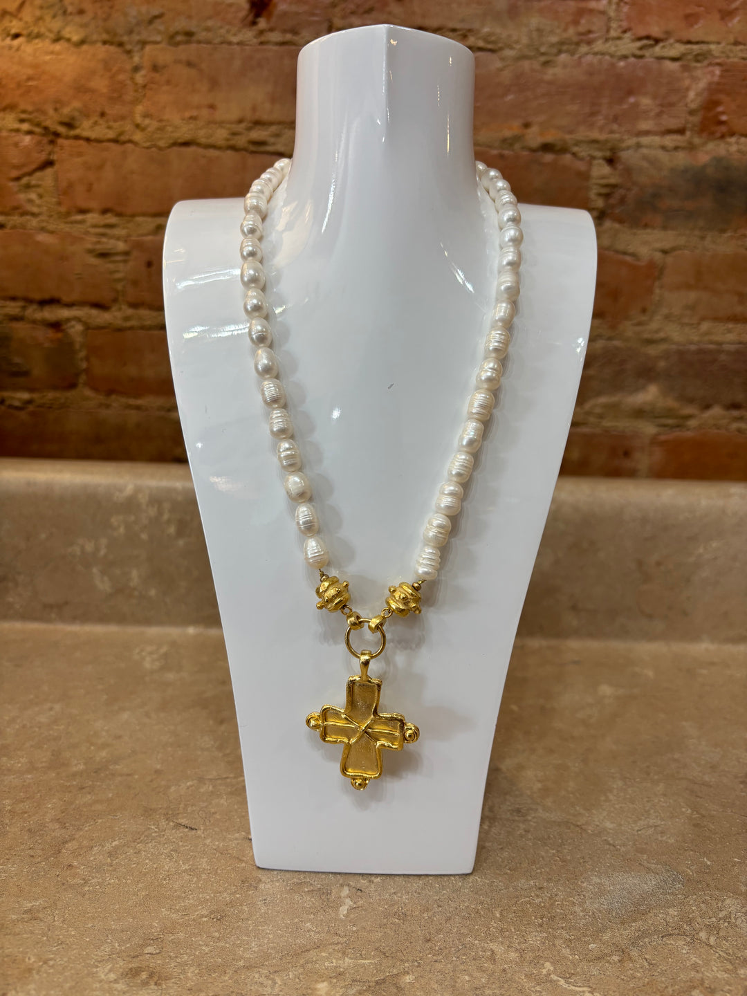 Susan Shaw Criss-Cross Cross + Pearl Necklace