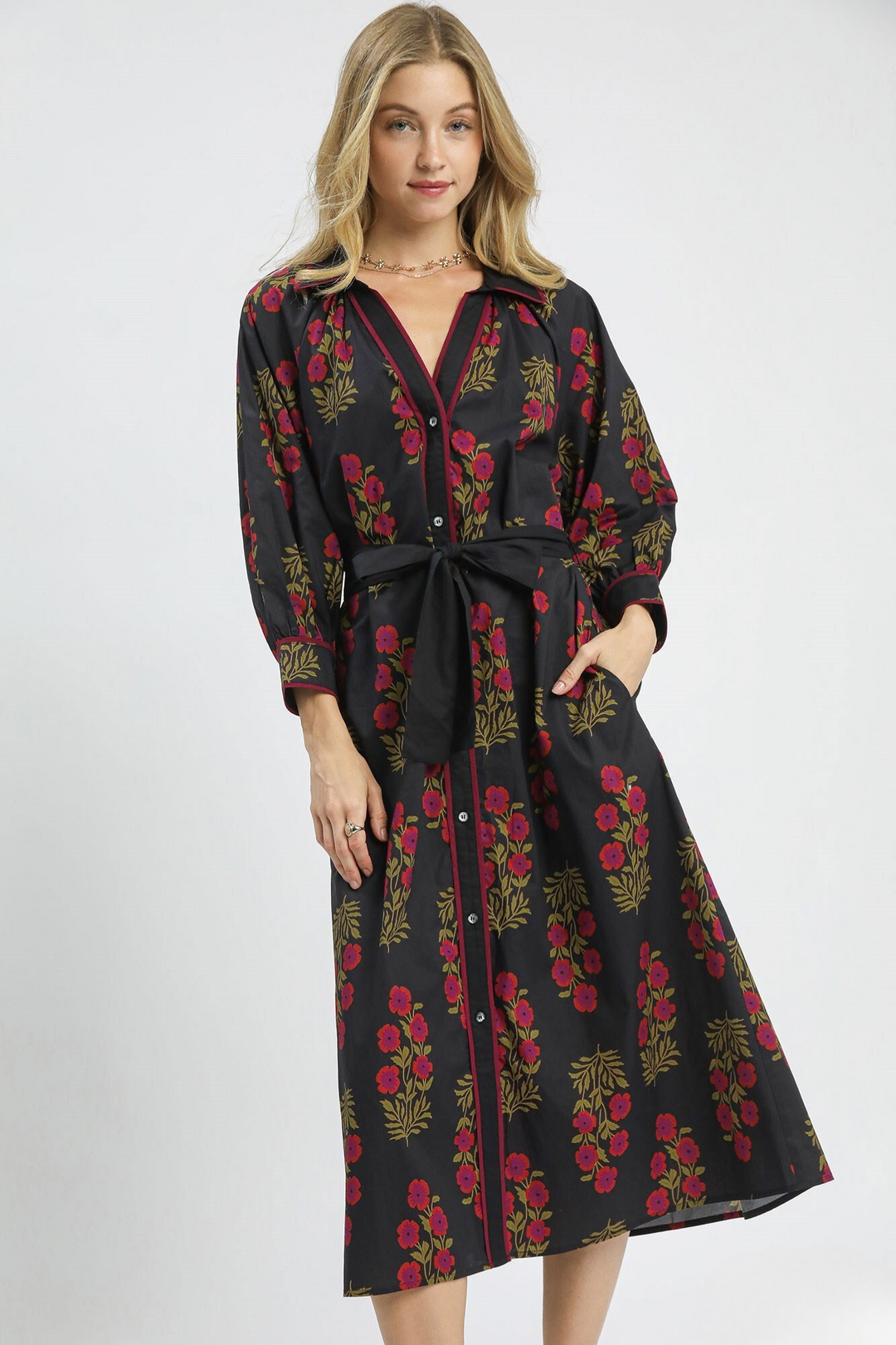 Floral Button-Front Maxi Shirt Dress with Waist Tie in Black