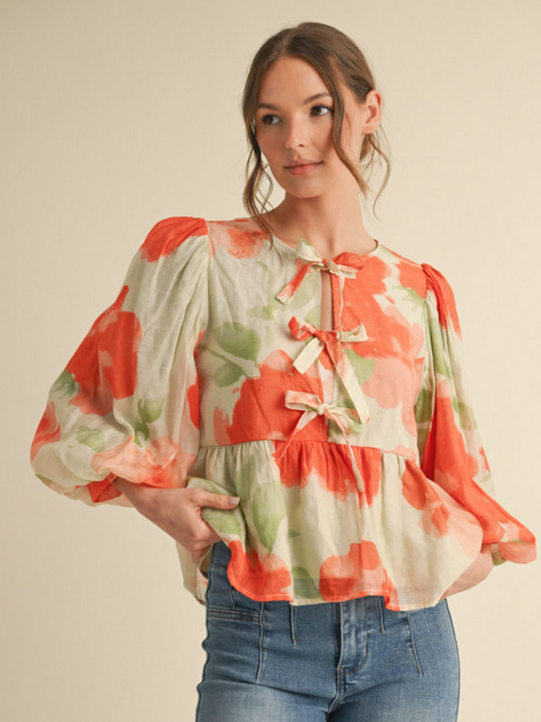 Bow Ties Peplum Floral Top in Orange