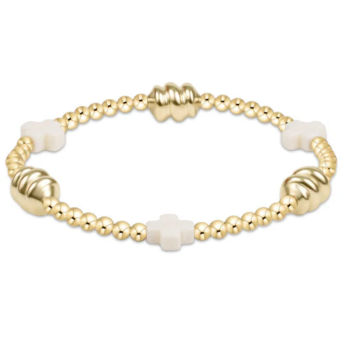 Enewton Signature Cross Admire Gold Pattern 3mm Bead Bracelet- Off-White