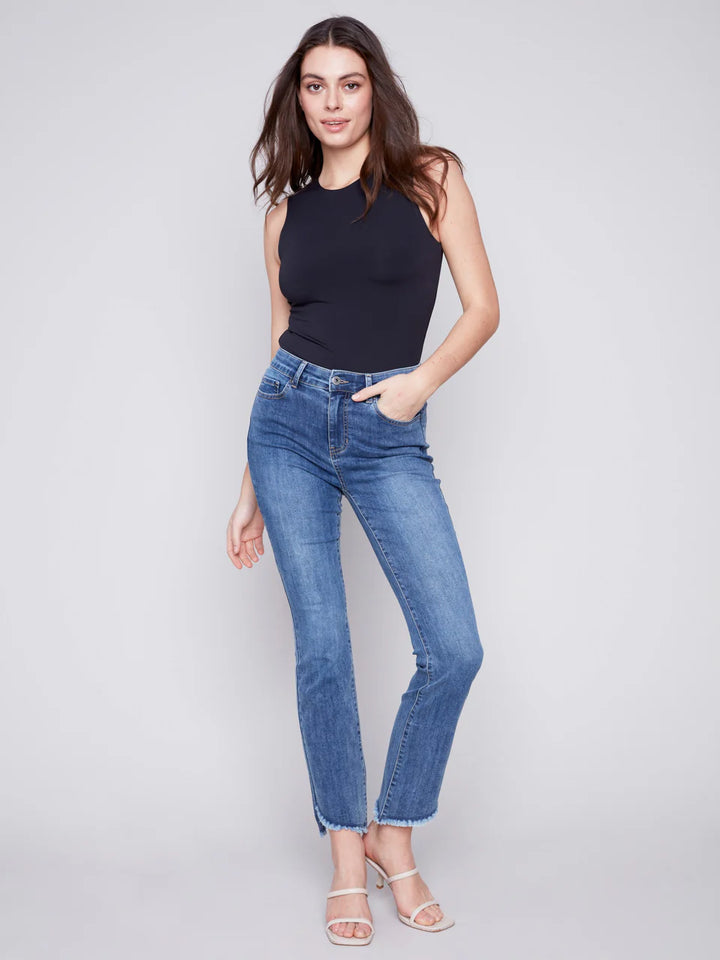 Charlie B Bootcut Jeans with Asymmetrical Hem - Medium Blue