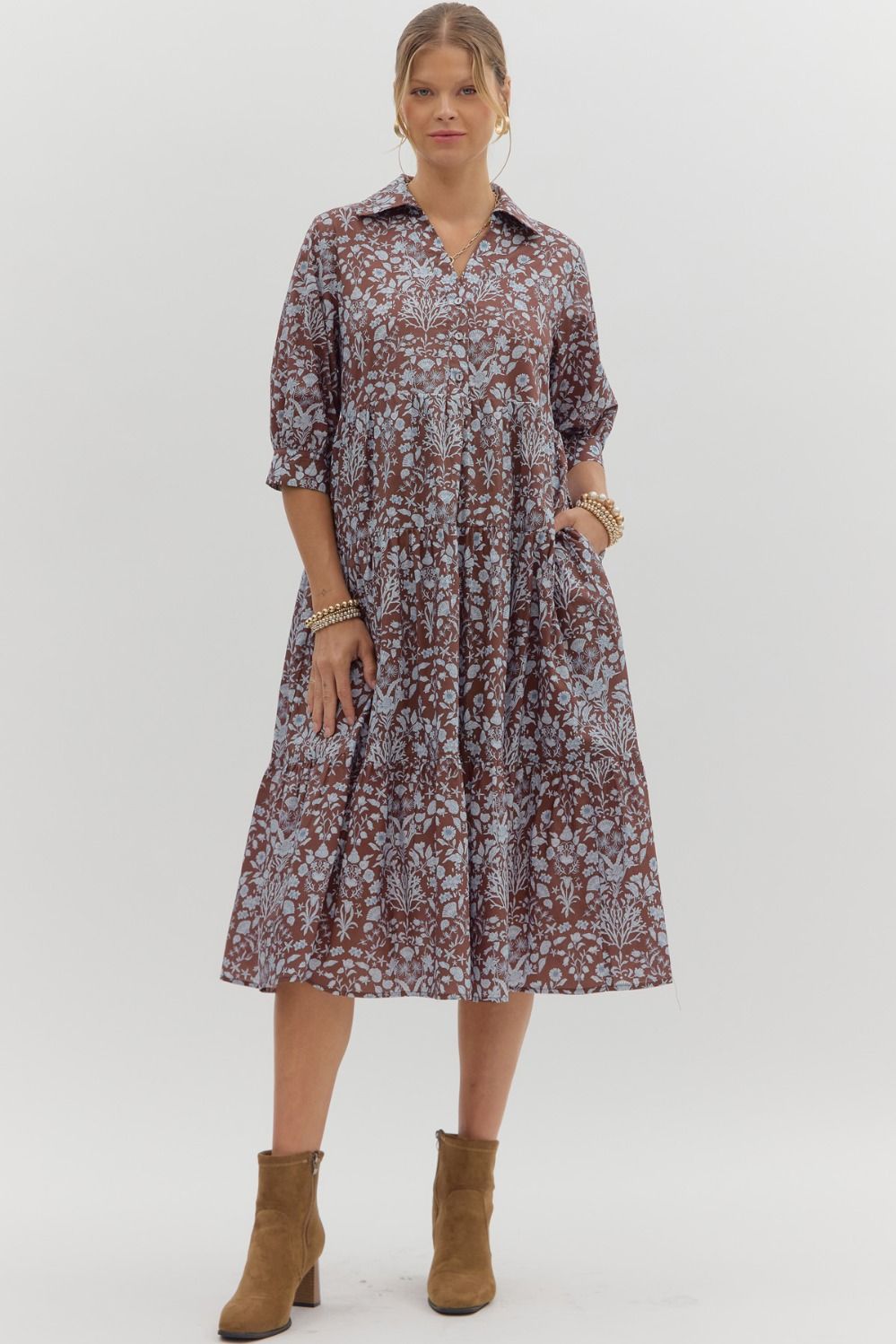 Always A Good Idea Printed Brown Dress
