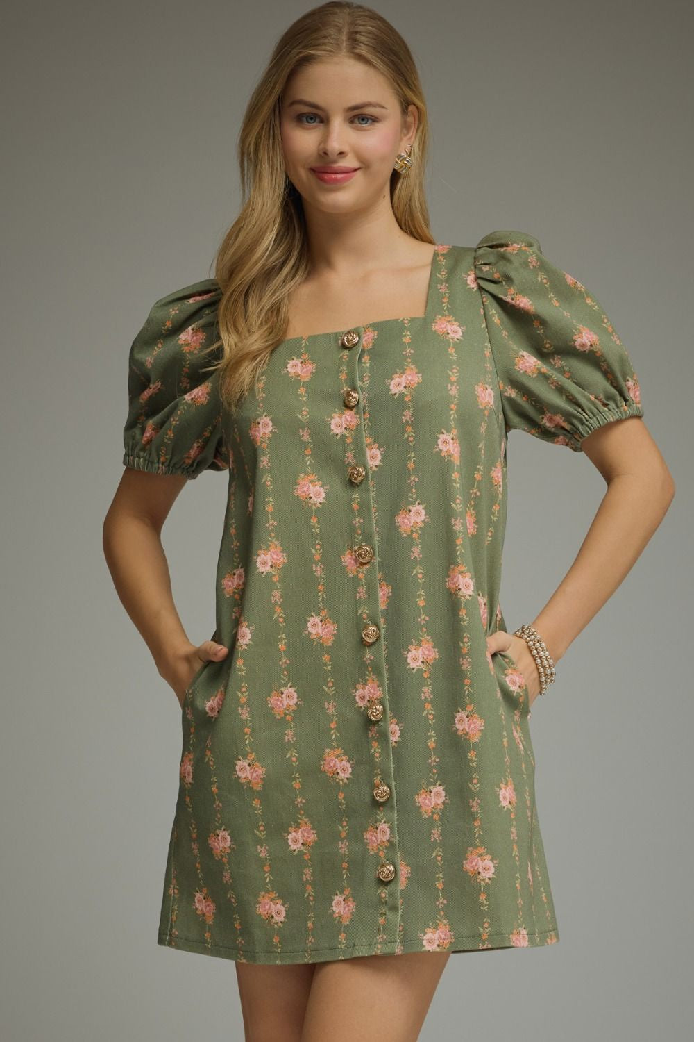 green floral square neck dress Green Floral Short Puff Sleeve Square Neck Midi Dress