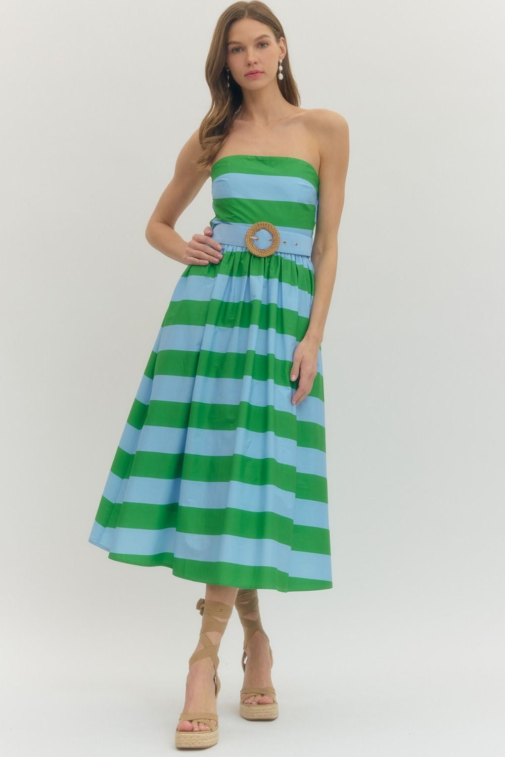 Buckle Striped Strapless Midi Dress in Green