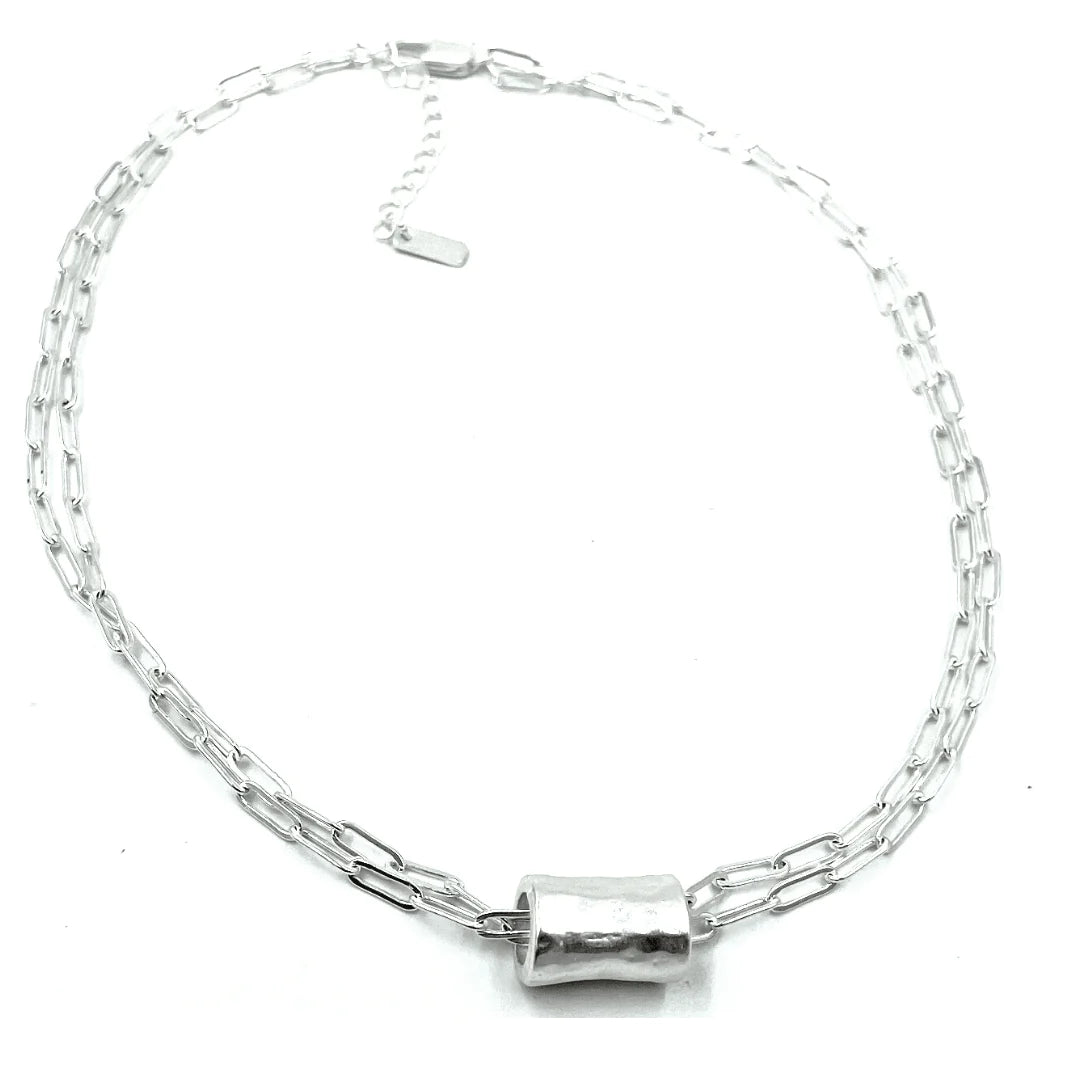 Erin Gray Silver Barrel on Double Silver Paperclip Necklace