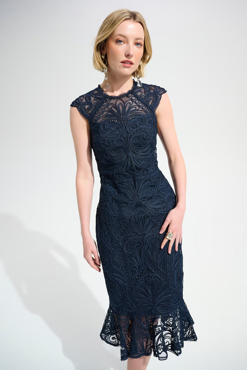 Joseph Ribkoff Guipure Trumpet Dress With Ruffle Hem Style 261740 Midnight Blue / S Joseph Ribkoff Guipure Trumpet Dress With Ruffle Hem Style 261740 Midnight Blue / S