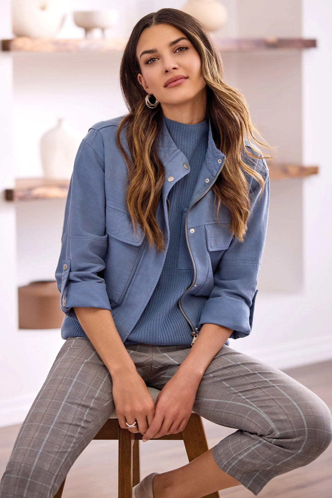 Tribal Slub Twill Zip-Front Mock Neck Jacket in Slate Blue