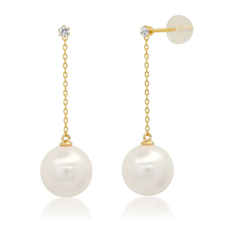 Large Pearl And Gold Linear Chain Earrings