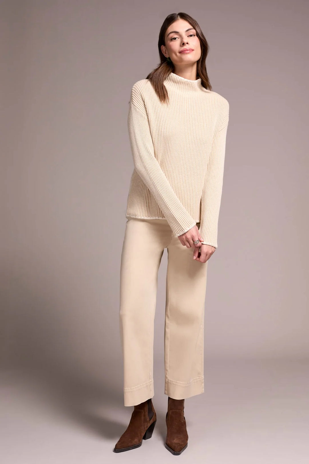Tribal Combed Cotton Two-Tone Rib Funnel Neck Sweater in Moonstone