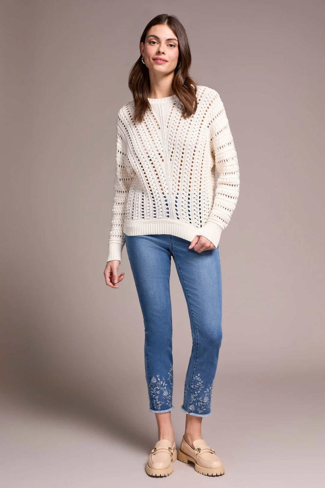 Tribal Textured Special Wash Crew Neck Sweater in Eggshell
