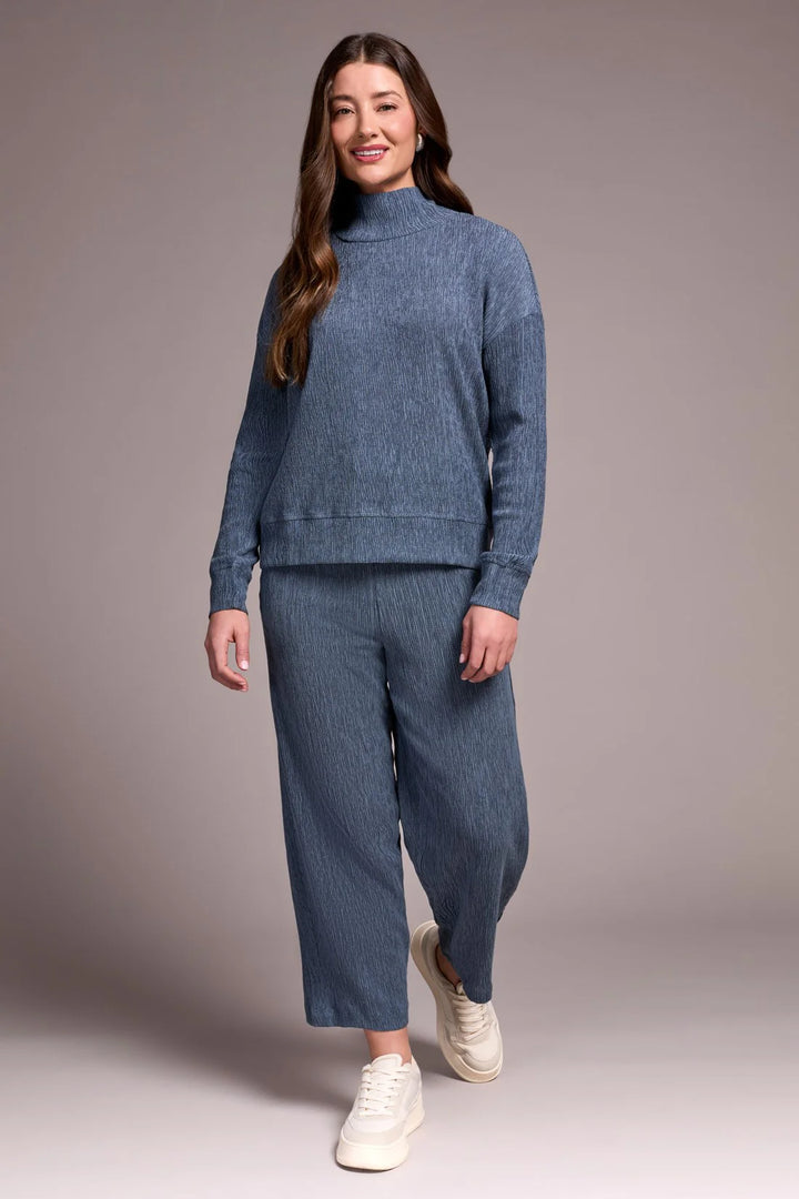 Tribal Two-Tone Crinkle Drop Shoulder Mock Neck Top in Slate Blue