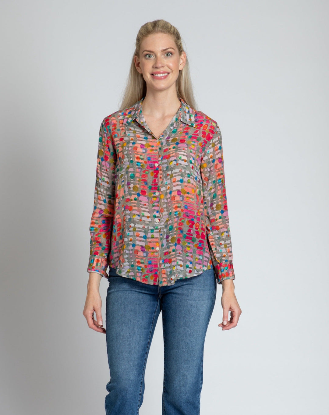 Printed Button Down Top in Mixed Dots