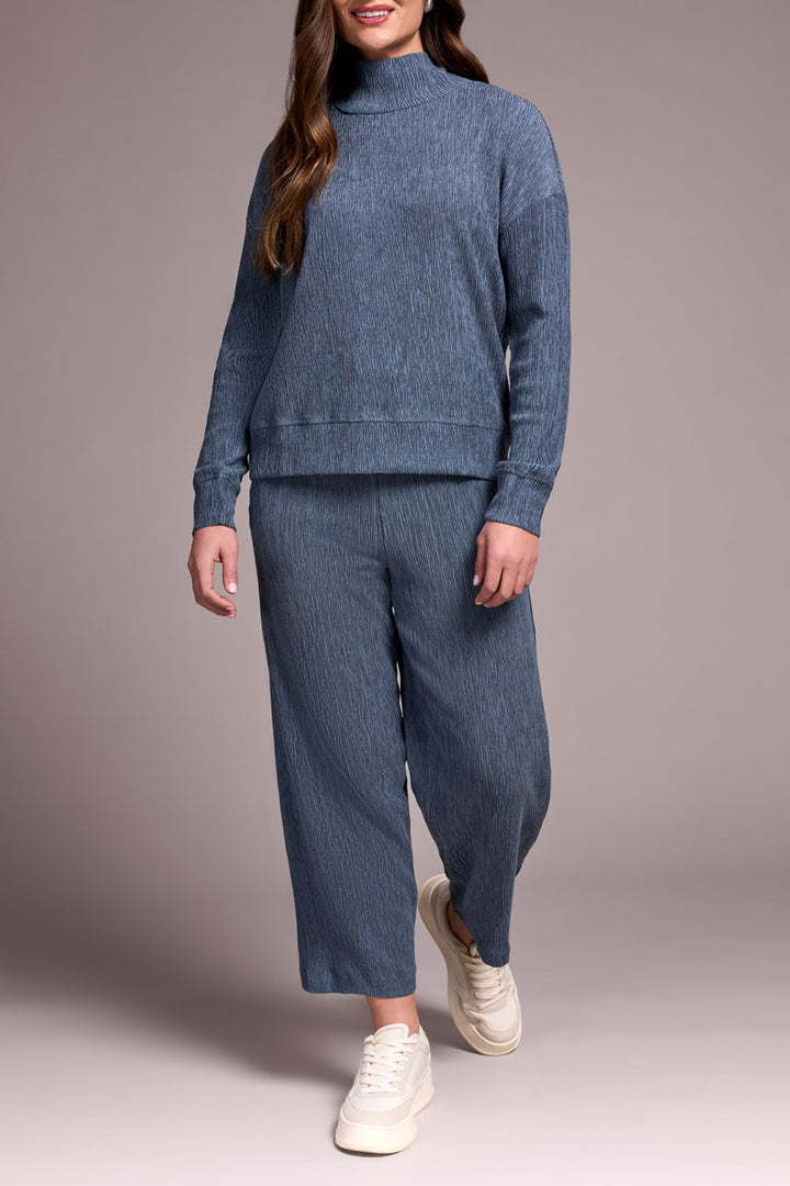 Tribal Two-Tone Crinkle Drop Shoulder Mock Neck Top in Slate Blue