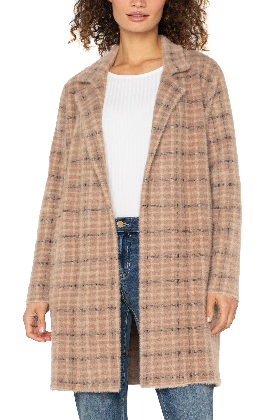 Liverpool Los Angeles Long Sleeve Sweater Coat in Cream Plaid