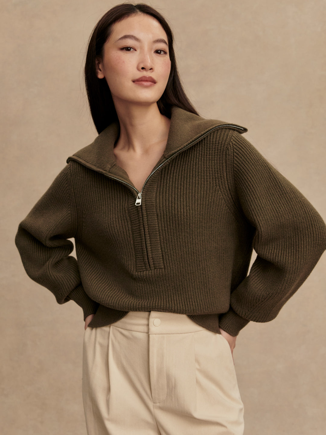 Varley Maura Half-Zip Rib Knit in Olive Night