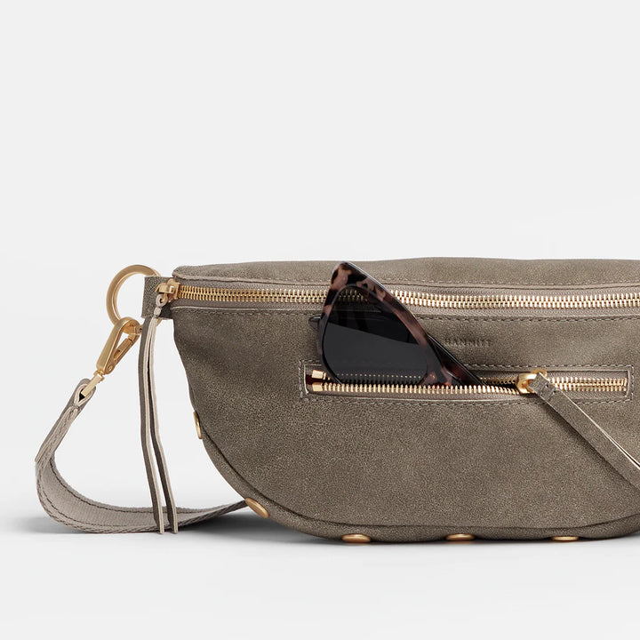 Hammitt Charles Small Leather Crossbody Belt Bag in Pewter Brushed Gold