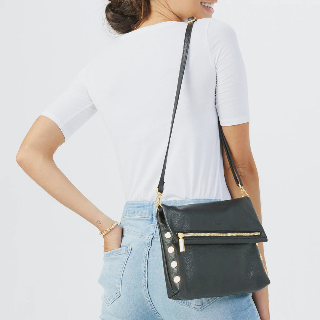 Hammitt VIP Med Zippered Leather Crossbody Clutch in BLACK BRUSHED GOLD
