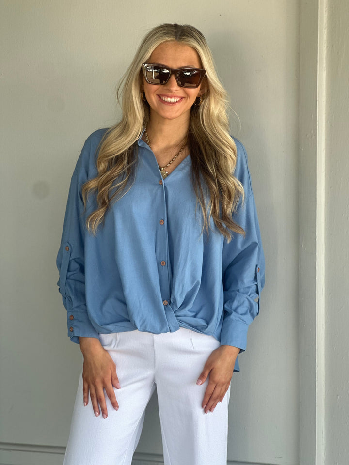 Blue Knot Front Button Down Top