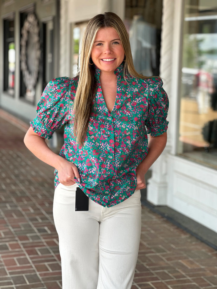 Pink Floral Printed Top in Green