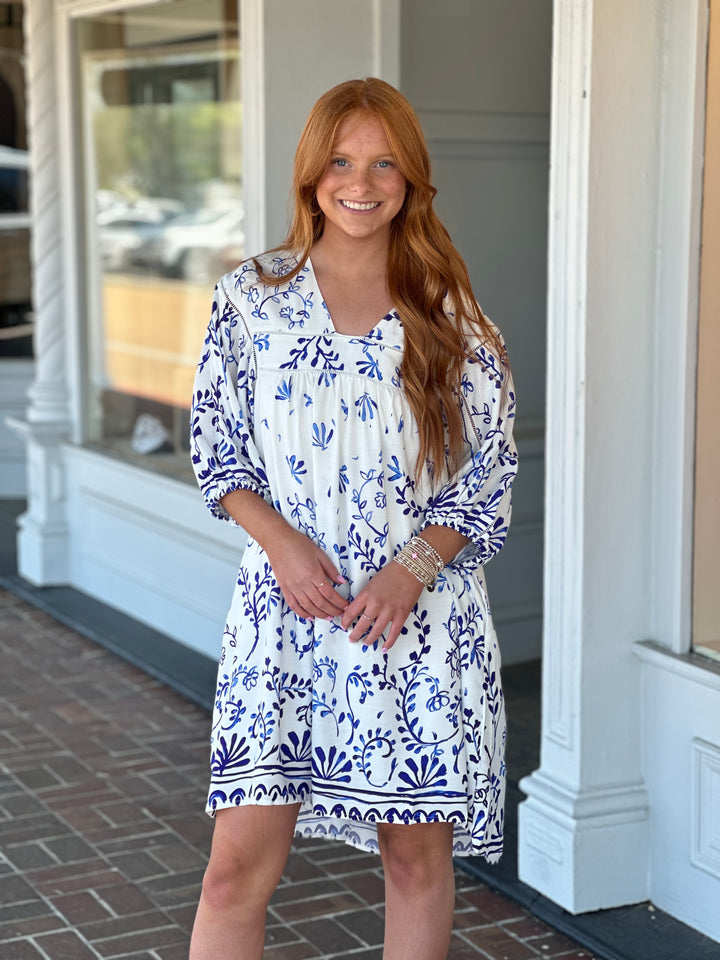 Nanci Popover Mini Dress in Ivory Blue