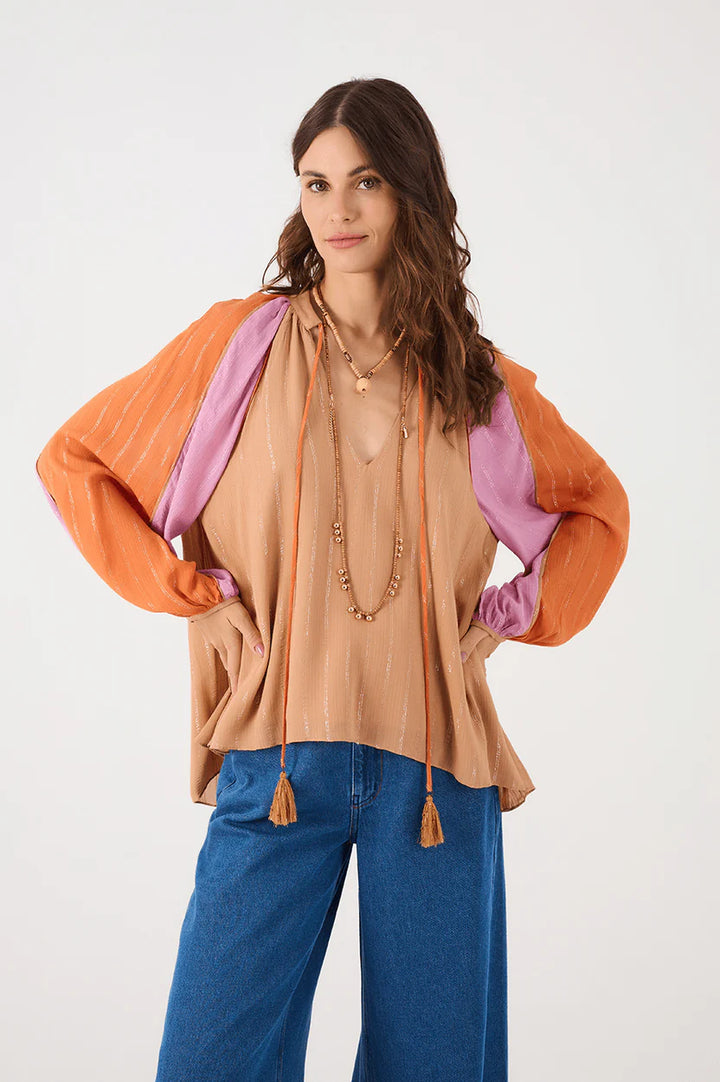 Dress To Multicolor Lurex Neckline Ties Long Sleeve Blouse