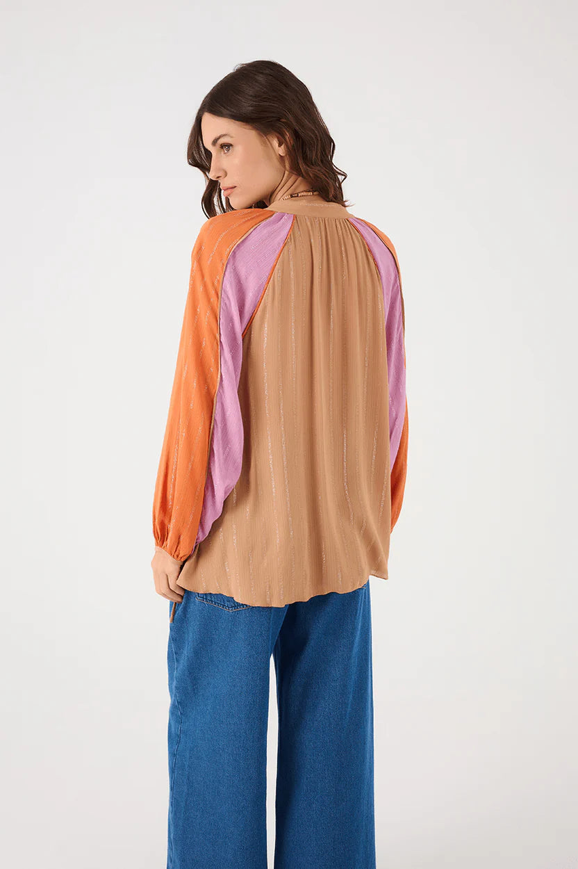 Dress To Multicolor Lurex Neckline Ties Long Sleeve Blouse