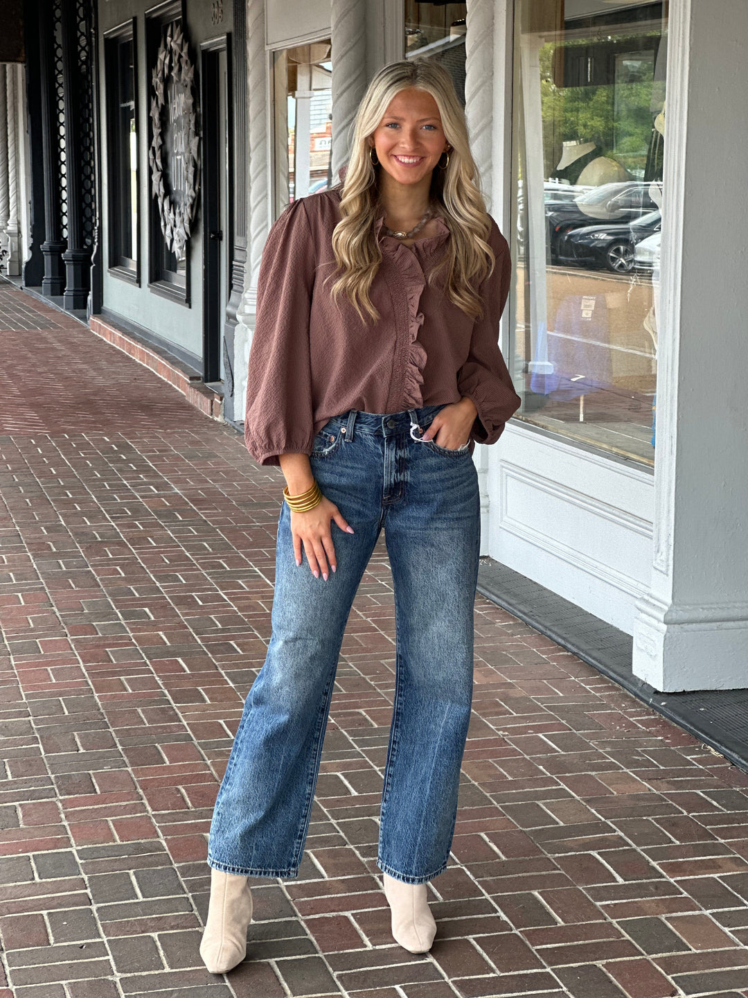 Textured Ruffle Trim Blouse in Brown