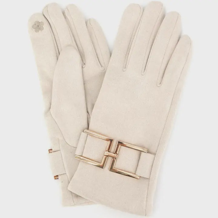Gold Buckle Accent Faux Suede Touchscreen Glove in Ivory