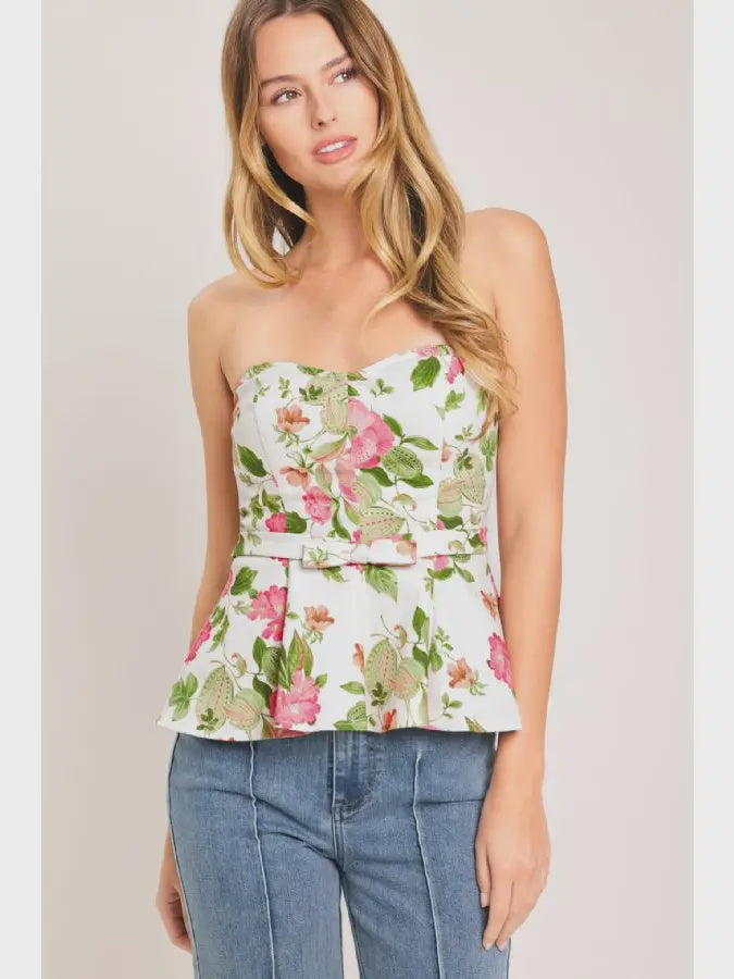 Ivory Floral Printed Woven Tube Top