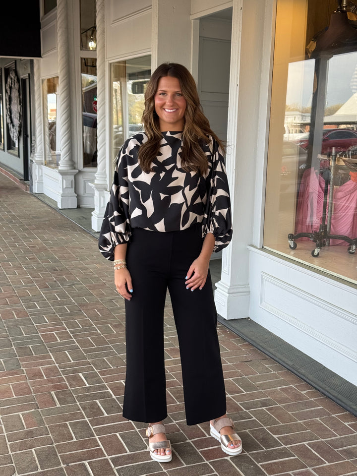 Whisper In The Wind Satin Cream Top in Black Print