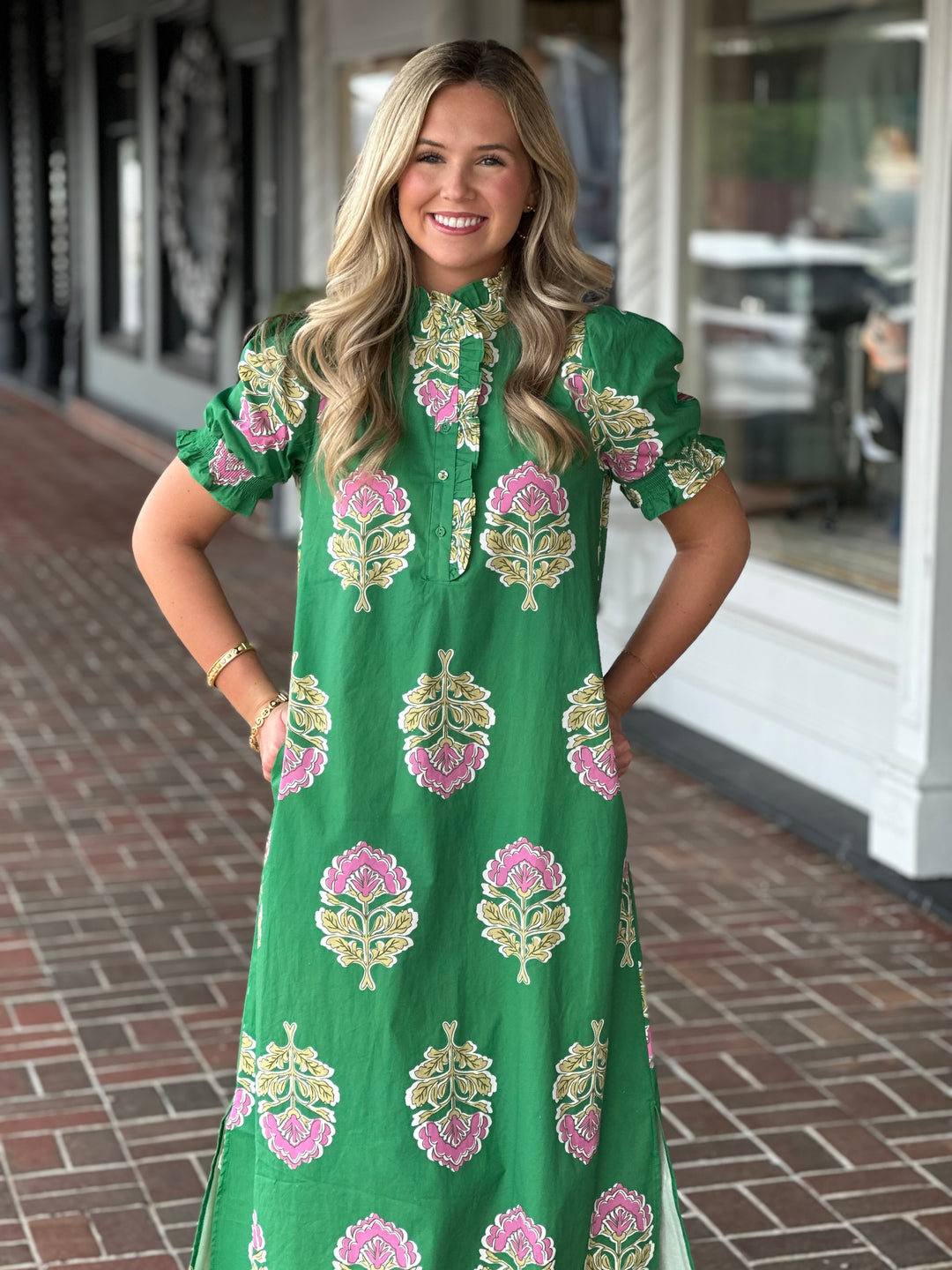 Green Floral Print Ruffle Collar Button Down Midi Dress