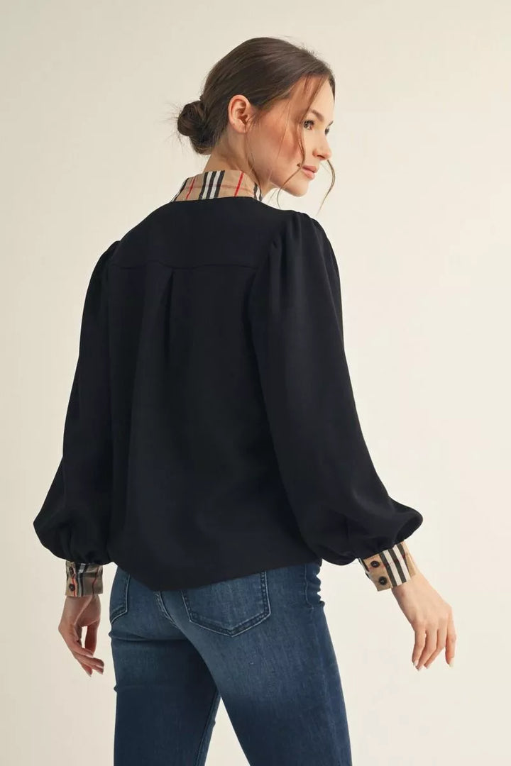 Plaid Collared Black Top