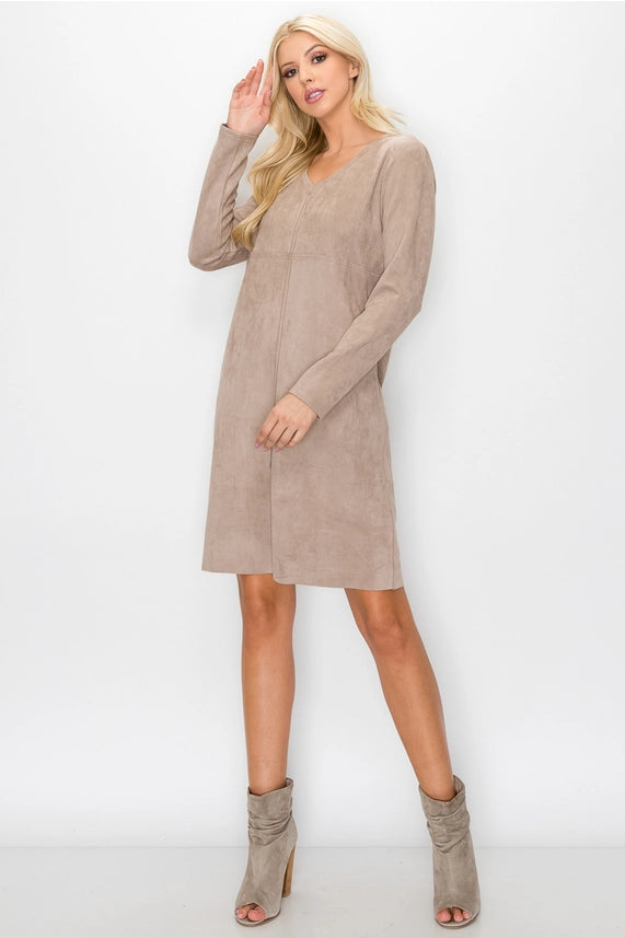 Aurora Stretch V-Neck Suede Dress in Khaki