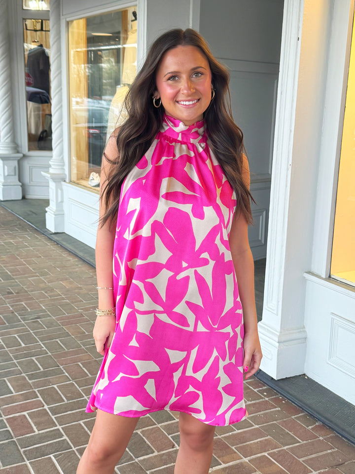 Whisper In The Wind Satin Printed Halter Dress in Fuchsia
