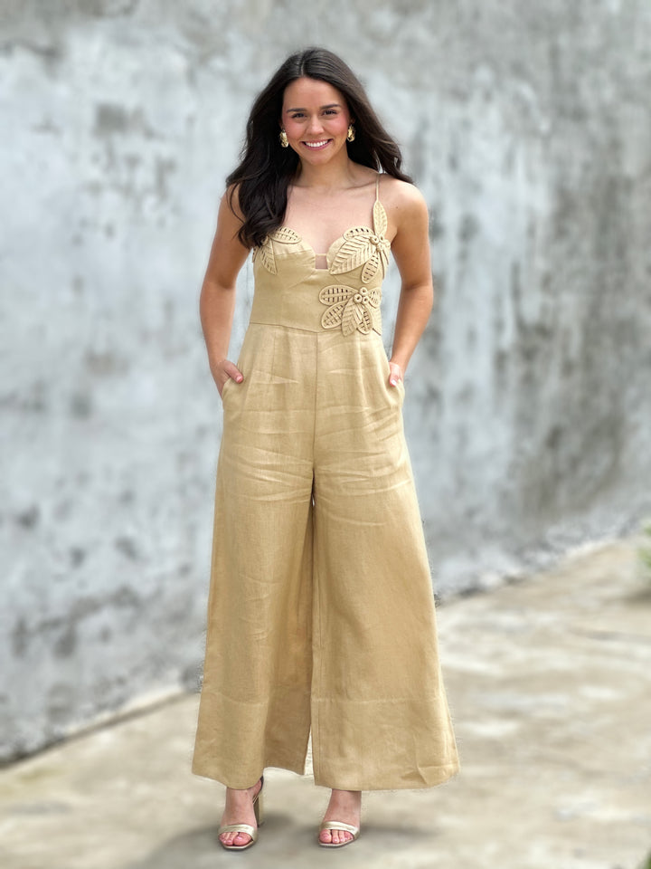 Farm Rio 3d Flowers Euroflax™ Premium Linen Jumpsuit in Sand