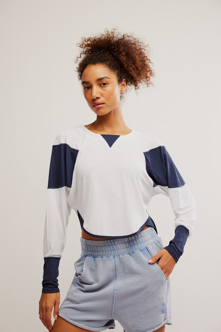 Free People Movement Spotlight Long Sleeve Layer Tee in White Navy Combo