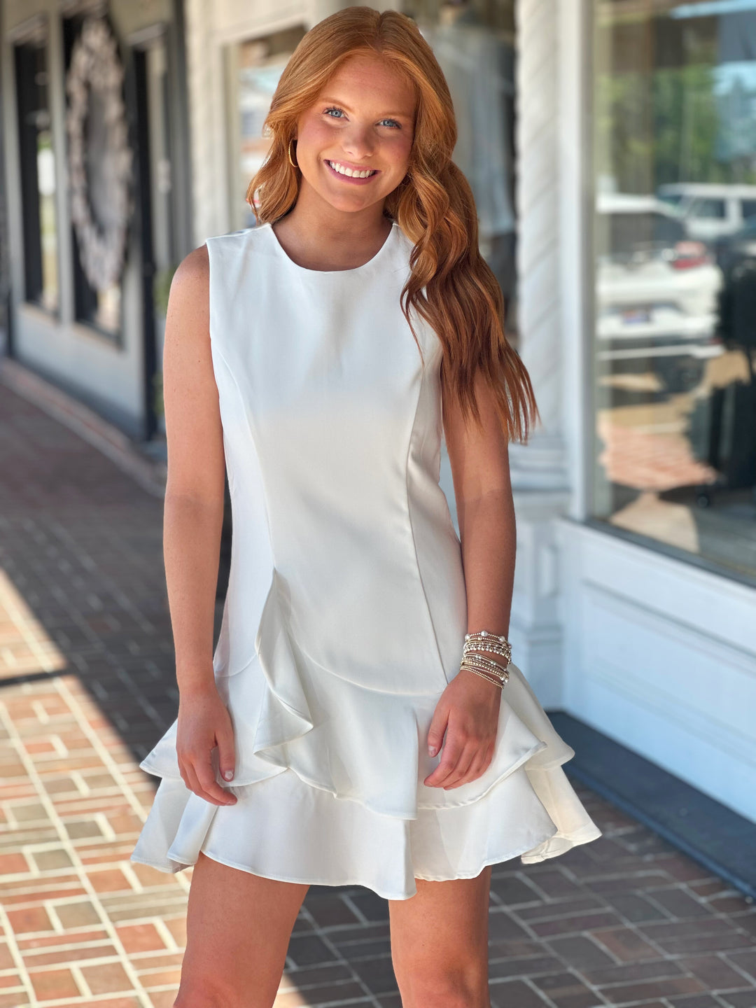 layered white mini dress Ladivine SF047 Lace Bodice A-Line Layered Tulle Short Dress Off White / XXS