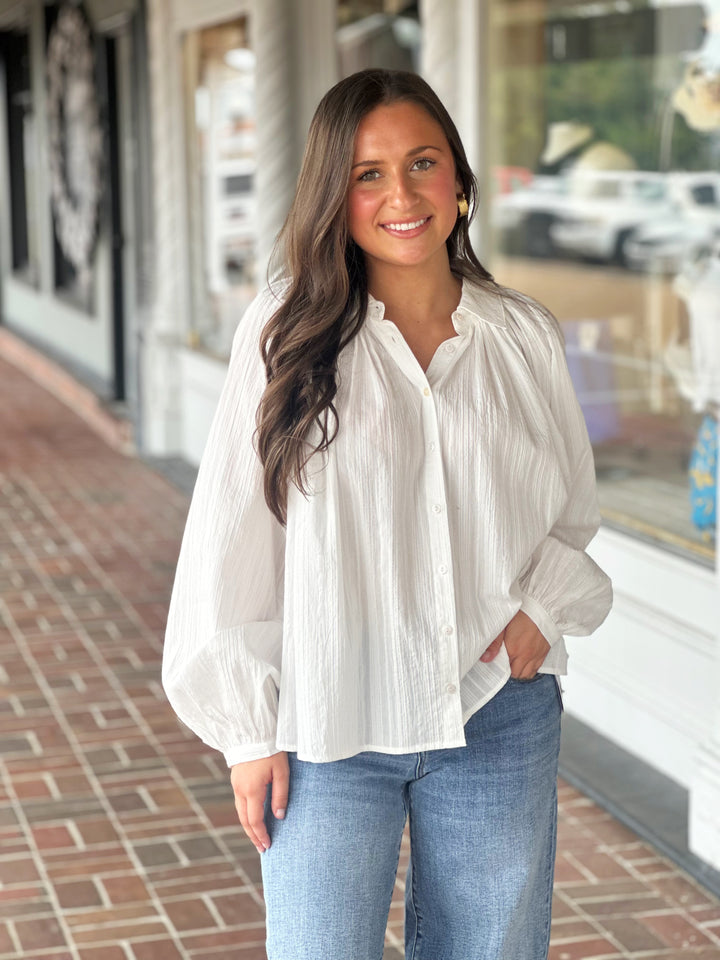 Textured Button Down Collared Top in Off White