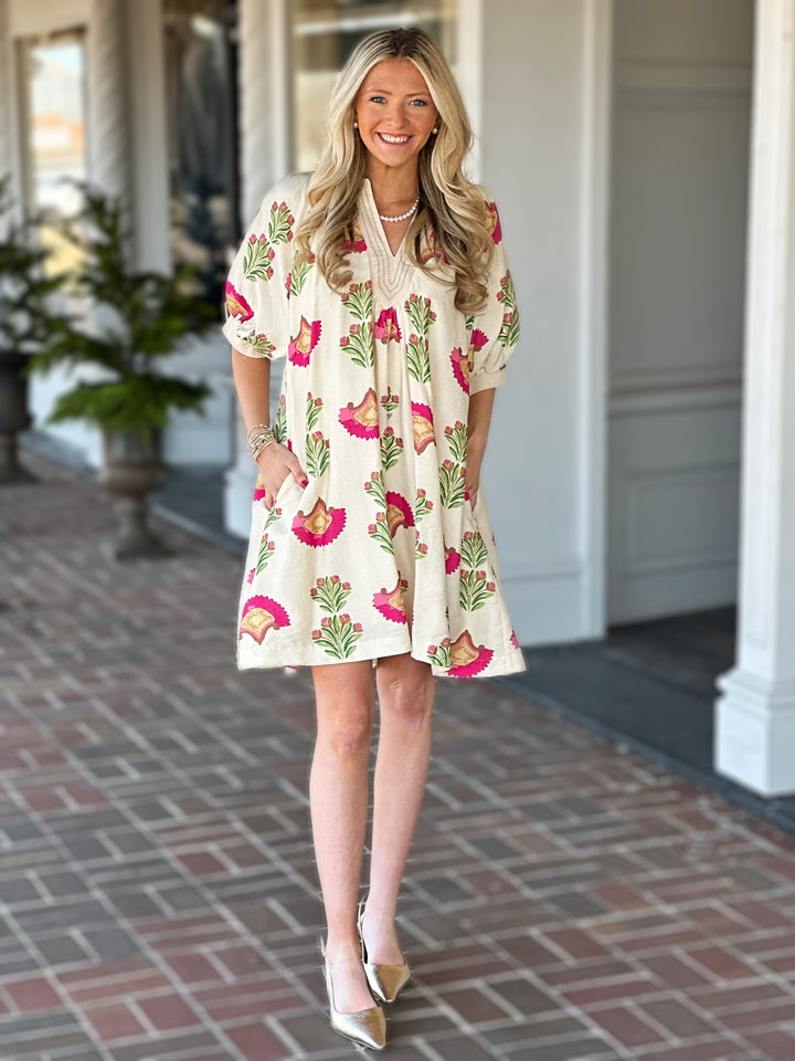 Cream Abstract Print Mini Dress